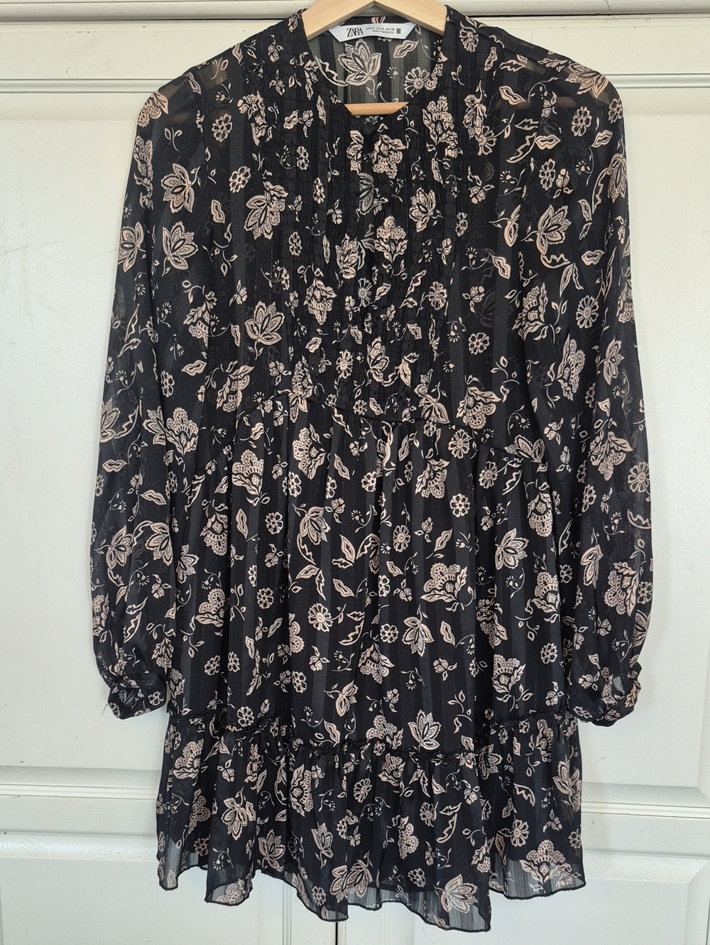 Zara Black Long-Sleeve Floral Mini Dress with Cream Print